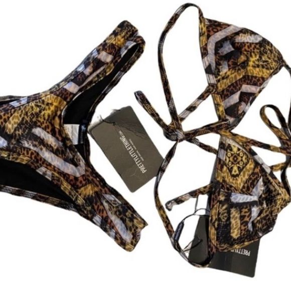 NWT pretty little things Brown Tribal Print Triangle Bikini Top & bottom… - Picture 4 of 8